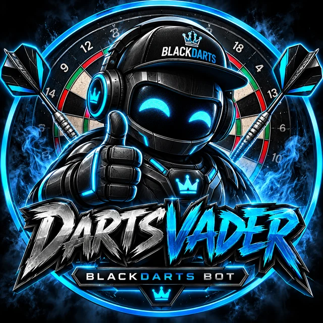 DartVader, der BlackDarts-Bot, als freundlicher Roboter vor einer Dartscheibe